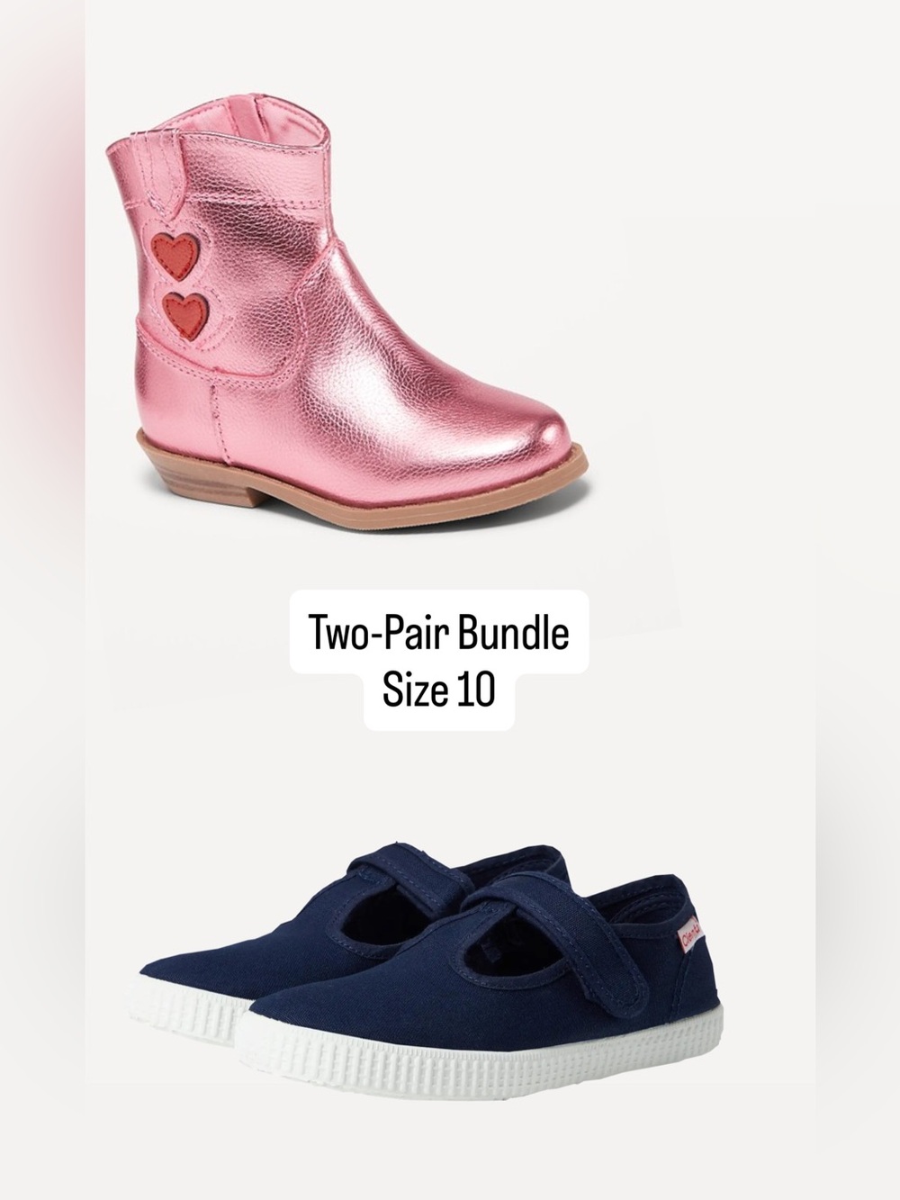 Two-Pair Shoe Bundle Size 10 | Cienta Navy T-Strap+Old Navy Metallic Heart Boots